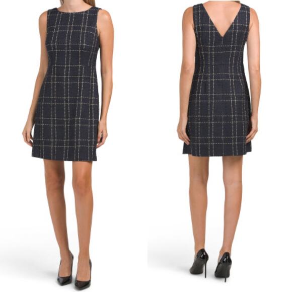 NWT FLORA BEA DRESS L SHEATH NAVY BLUE GOLD SLEEVELESS ZOIE TWEED SHORT COCKTAIL - Picture 1 of 14